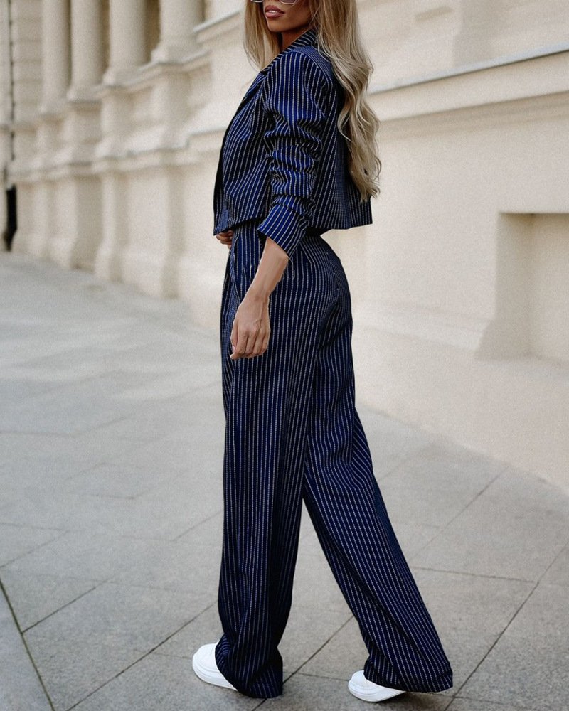 Women's Spring Fashion Striped Suits Casual Lapel Long Sleeve Cropped Top And Straight Pants Outfits Women's Clothing - Image 5
