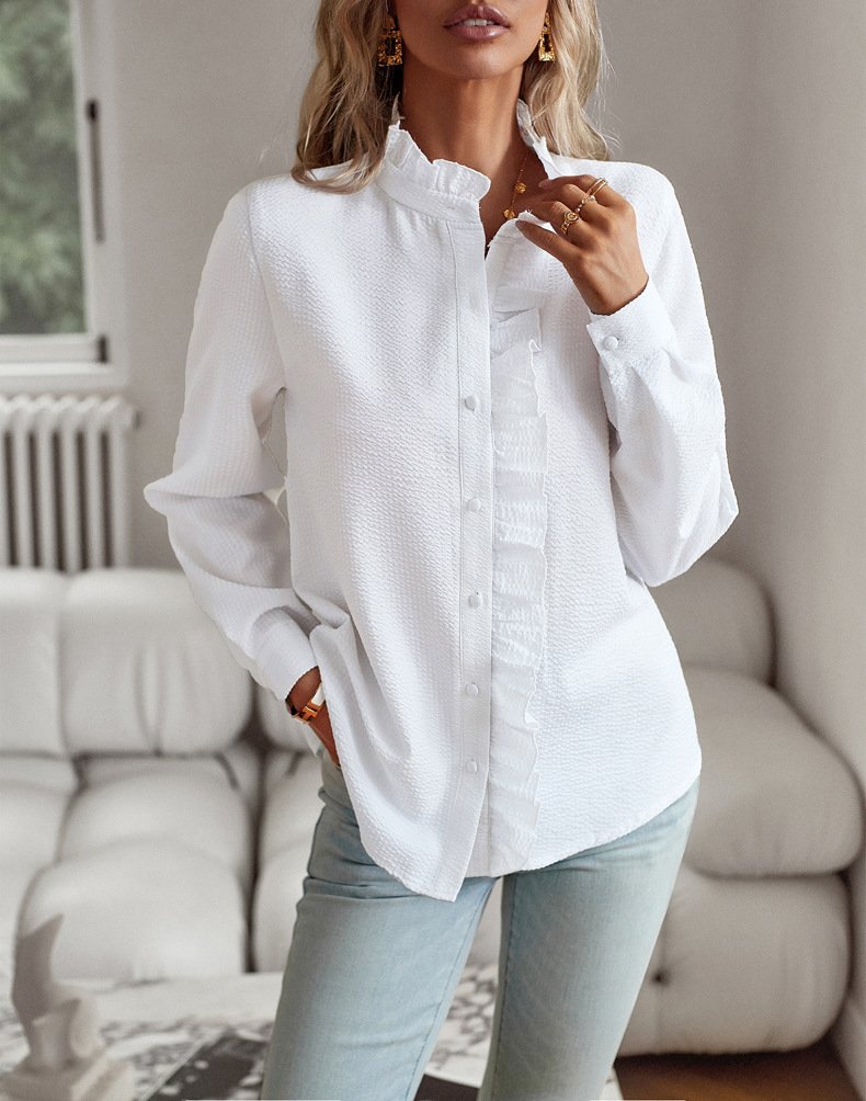Striped Long Sleeve Shirt Fashion Ruffle Design Button Up Tops Casual Office Blouse Elegant Commuting Women's Clothing - Image 6