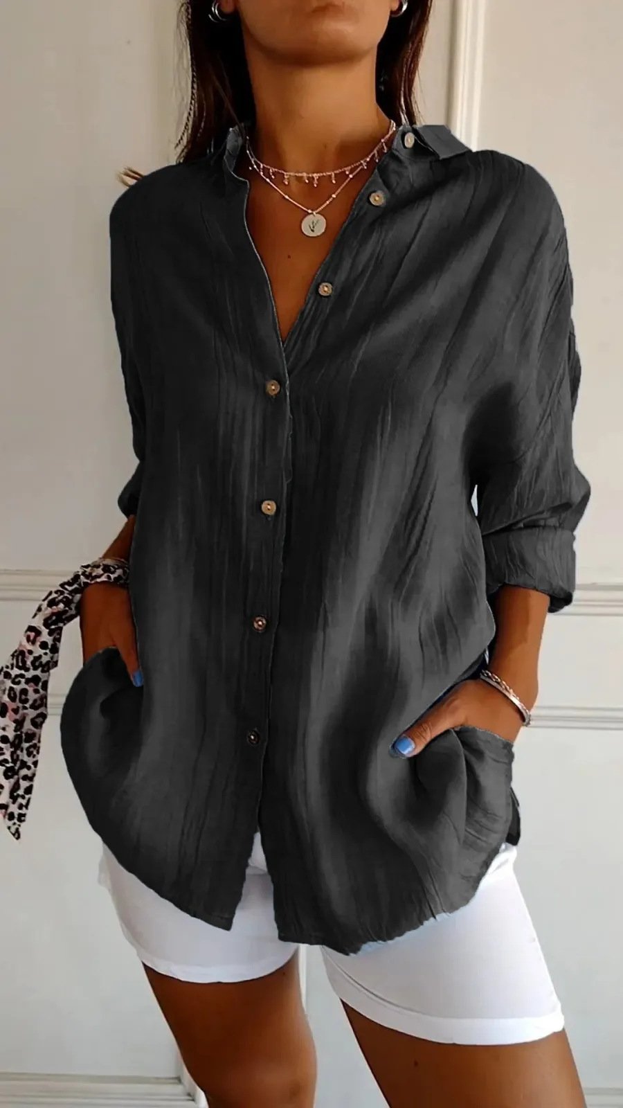 Lapel Long Sleeve Shirt Women's Single-breasted Pleated Shirt Tops Clothing - Image 7