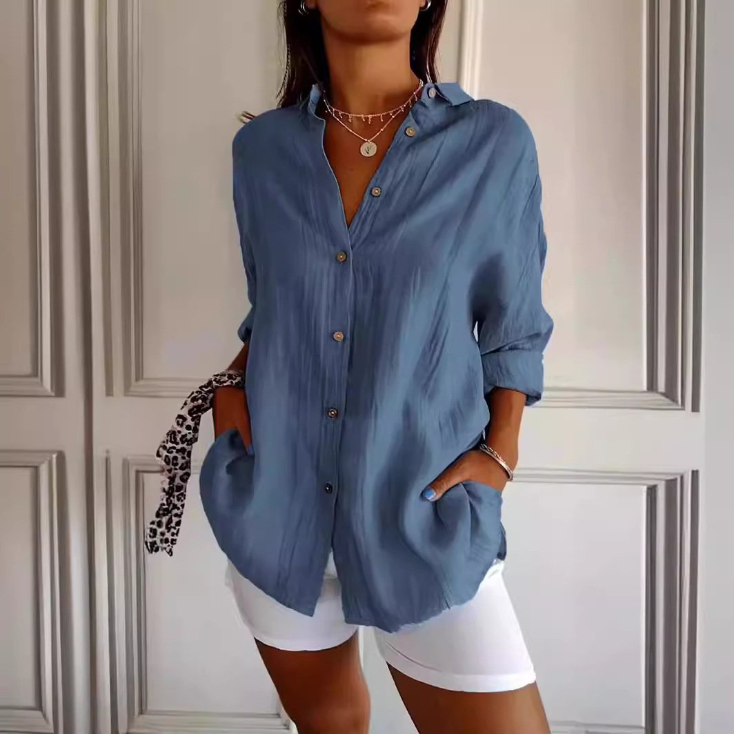 Lapel Long Sleeve Shirt Women's Single-breasted Pleated Shirt Tops Clothing - Image 2