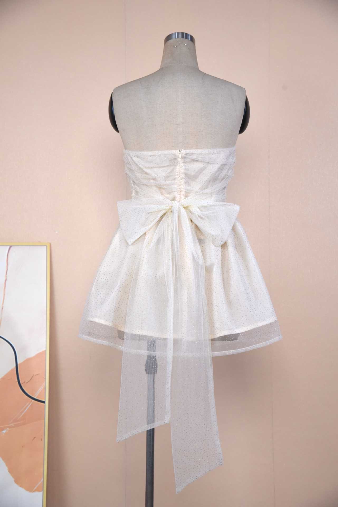 Tube Top Lace Dress With Back Bow-knot Summer Fashion Temperament Mesh Stitching Off-neck Short Skirt - Image 10