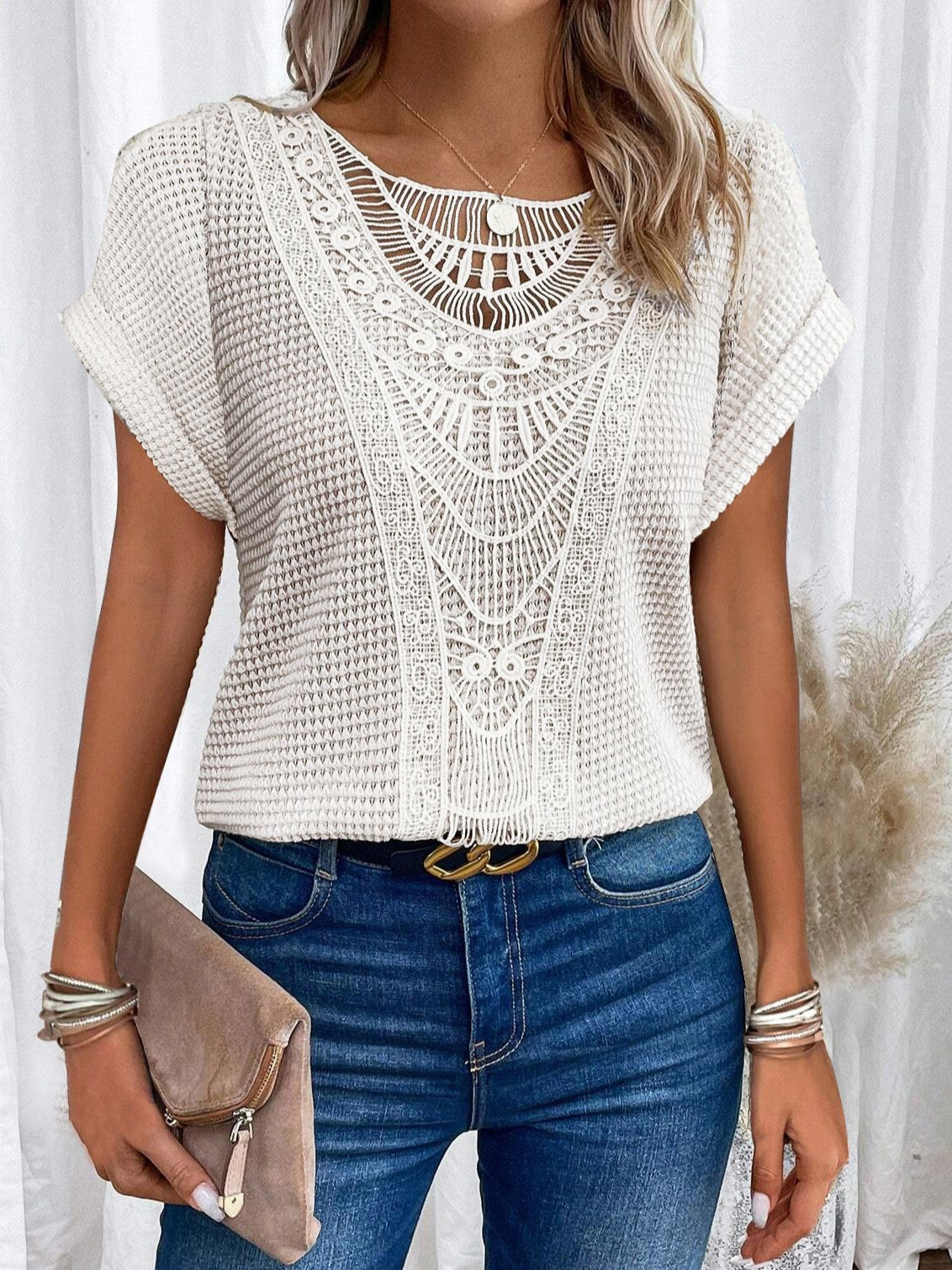 Summer Hollow Out Short-sleeved T-shirt Fashion Ethnic Style Tops Women's Clothing - Image 6