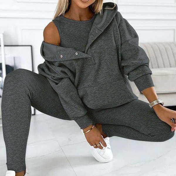3pcs Women's Sports Suit Loose Hooded Pockets Sweatshirt And Vest And Slim Trousers - Image 2