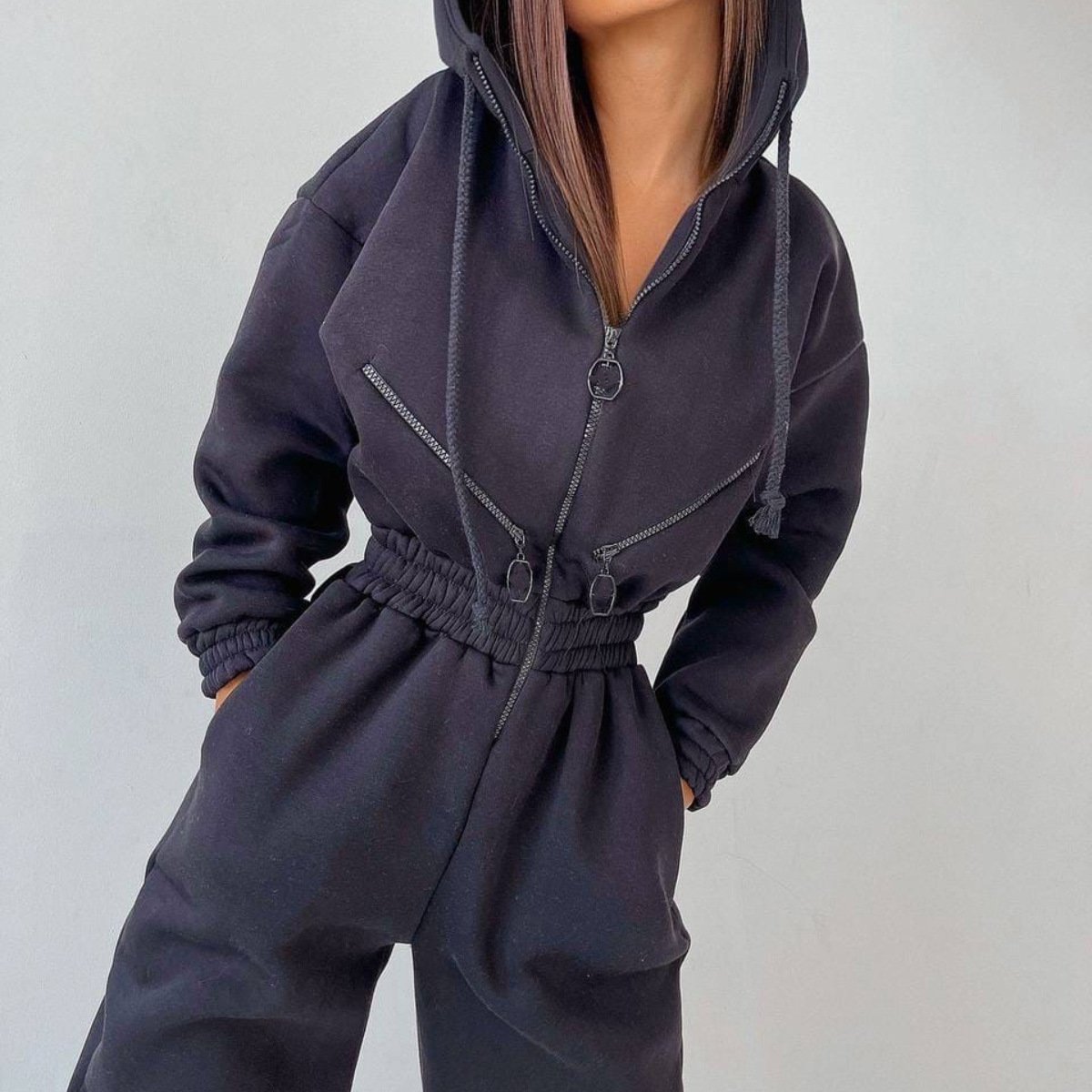Casual Women Basic Hoodie Two Piece Sets Zipper Drawstring - Image 9