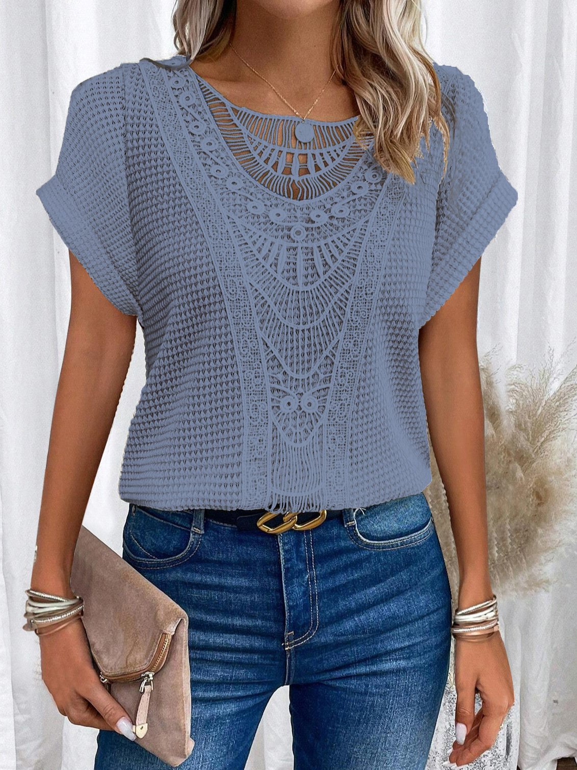 Summer Hollow Out Short-sleeved T-shirt Fashion Ethnic Style Tops Women's Clothing - Image 3