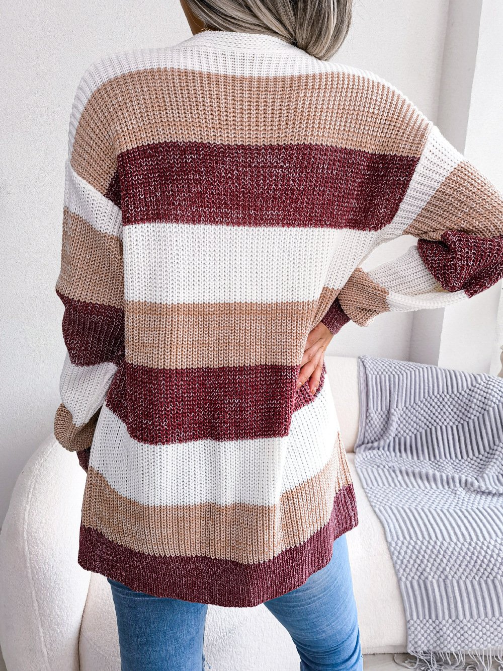 Plaid Sweater Women Casual Lantern Sleeves Cardigan Jacket Outerwear Clothes - Image 7
