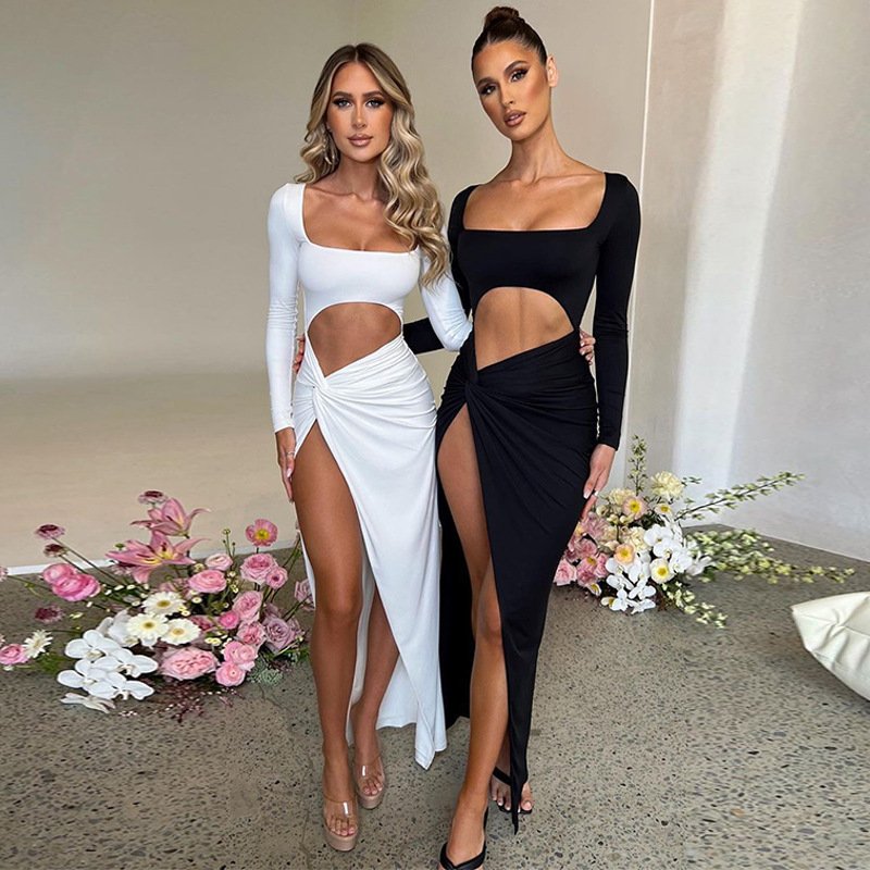 Womens Clothing Long Sleeve Dress Fashion Hollow U-neck Split Dress Party Wedding - Image 3