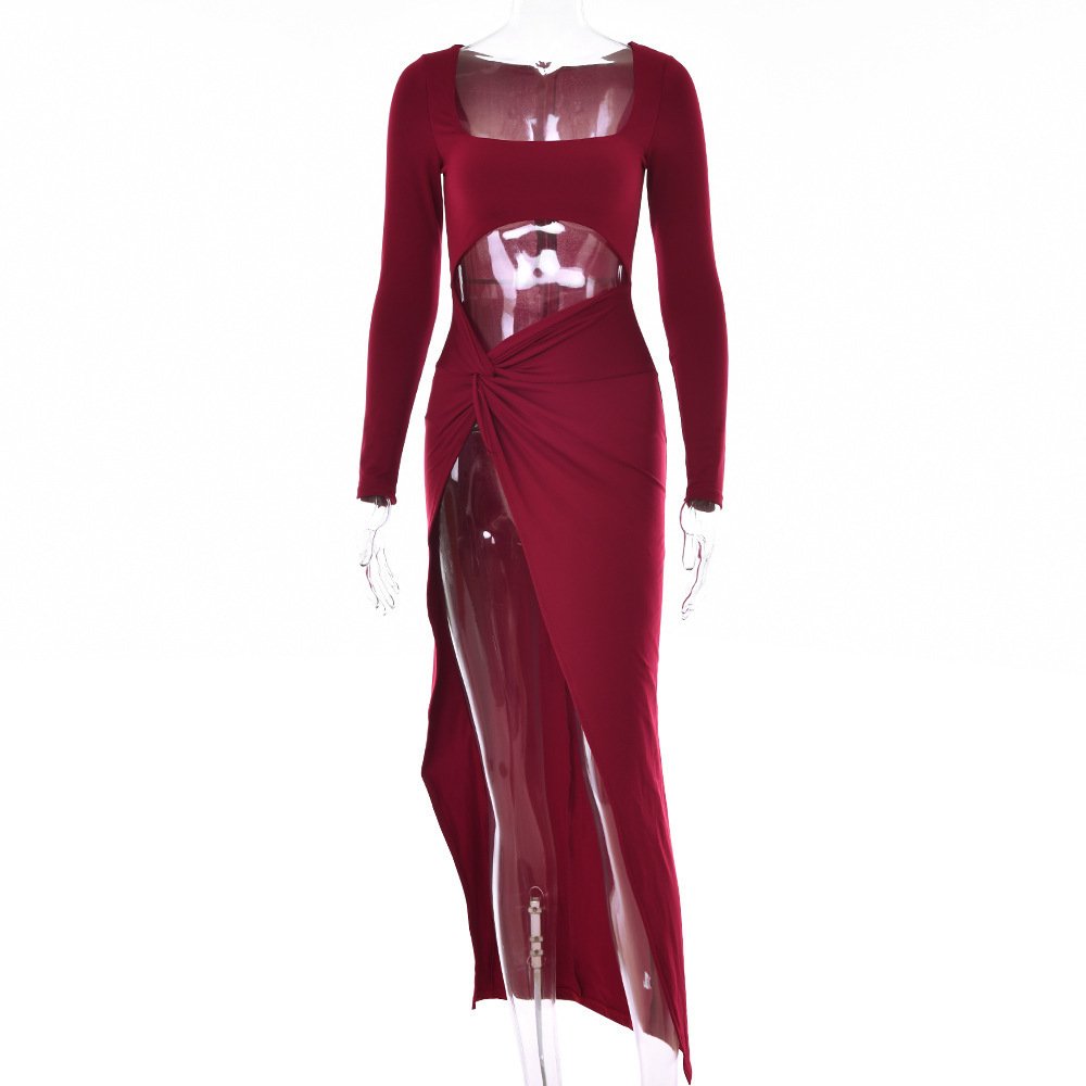 Womens Clothing Long Sleeve Dress Fashion Hollow U-neck Split Dress Party Wedding - Image 10
