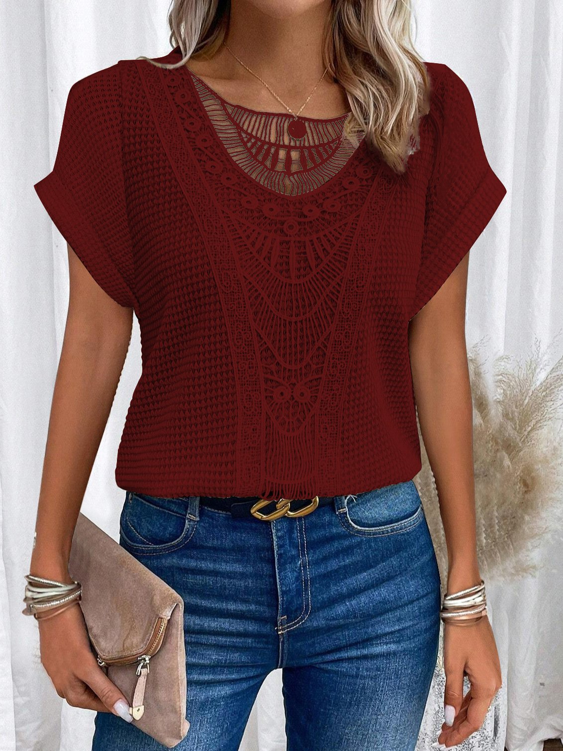 Summer Hollow Out Short-sleeved T-shirt Fashion Ethnic Style Tops Women's Clothing - Image 4