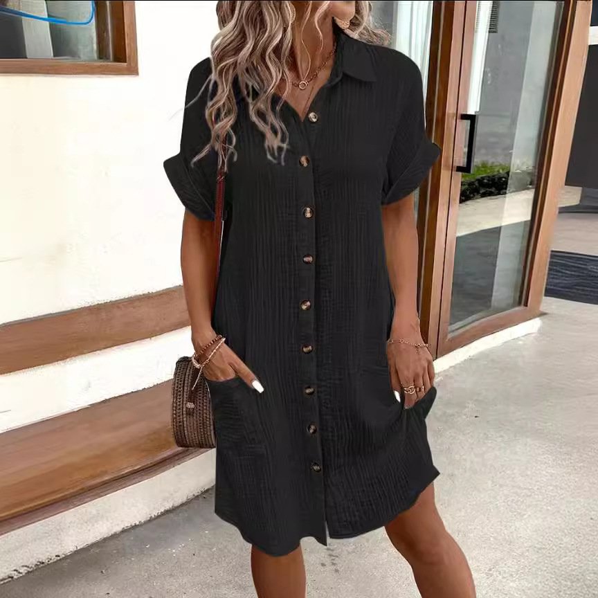 Summer Short Sleeve Shirt Dress Fashion Solid Color Single-breasted Mid-length Loose Dress - Image 2