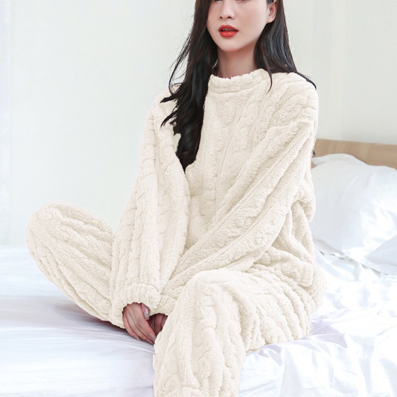 Winter Pajamas Sets Homewear Solid Color Loose Thickened Coral Velvet Pullover Long Sleeves And Trousers Warm Pajamas Indoor Outdoor Casual Clothes - Image 5
