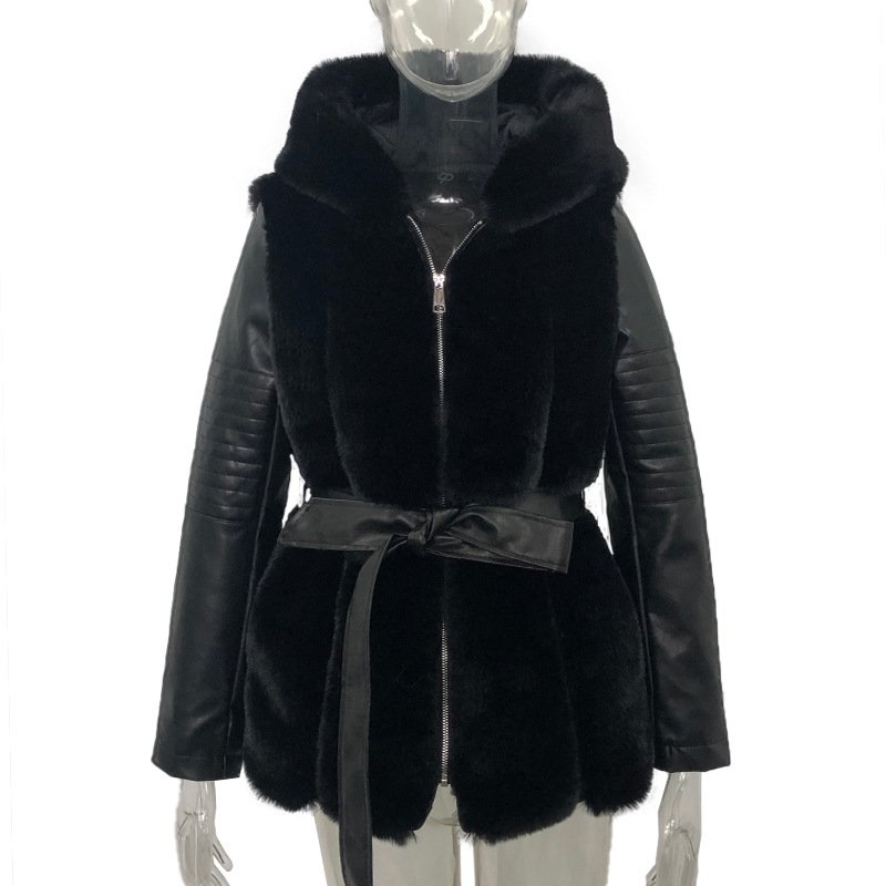 New Style Fur Belt Belt Hooded Zipper Jacket Women's Clothing - Image 7