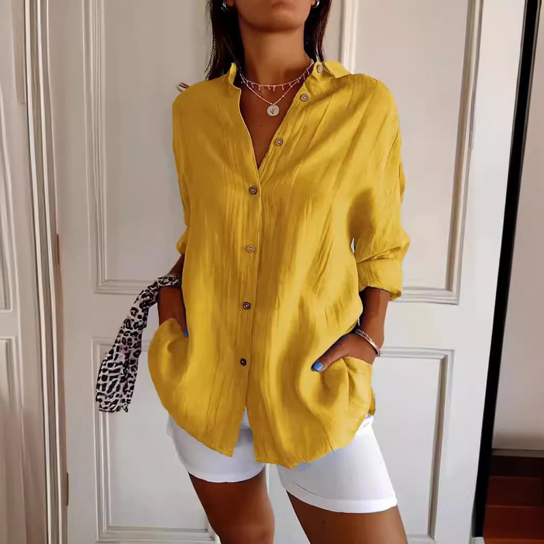 Lapel Long Sleeve Shirt Women's Single-breasted Pleated Shirt Tops Clothing - Image 3