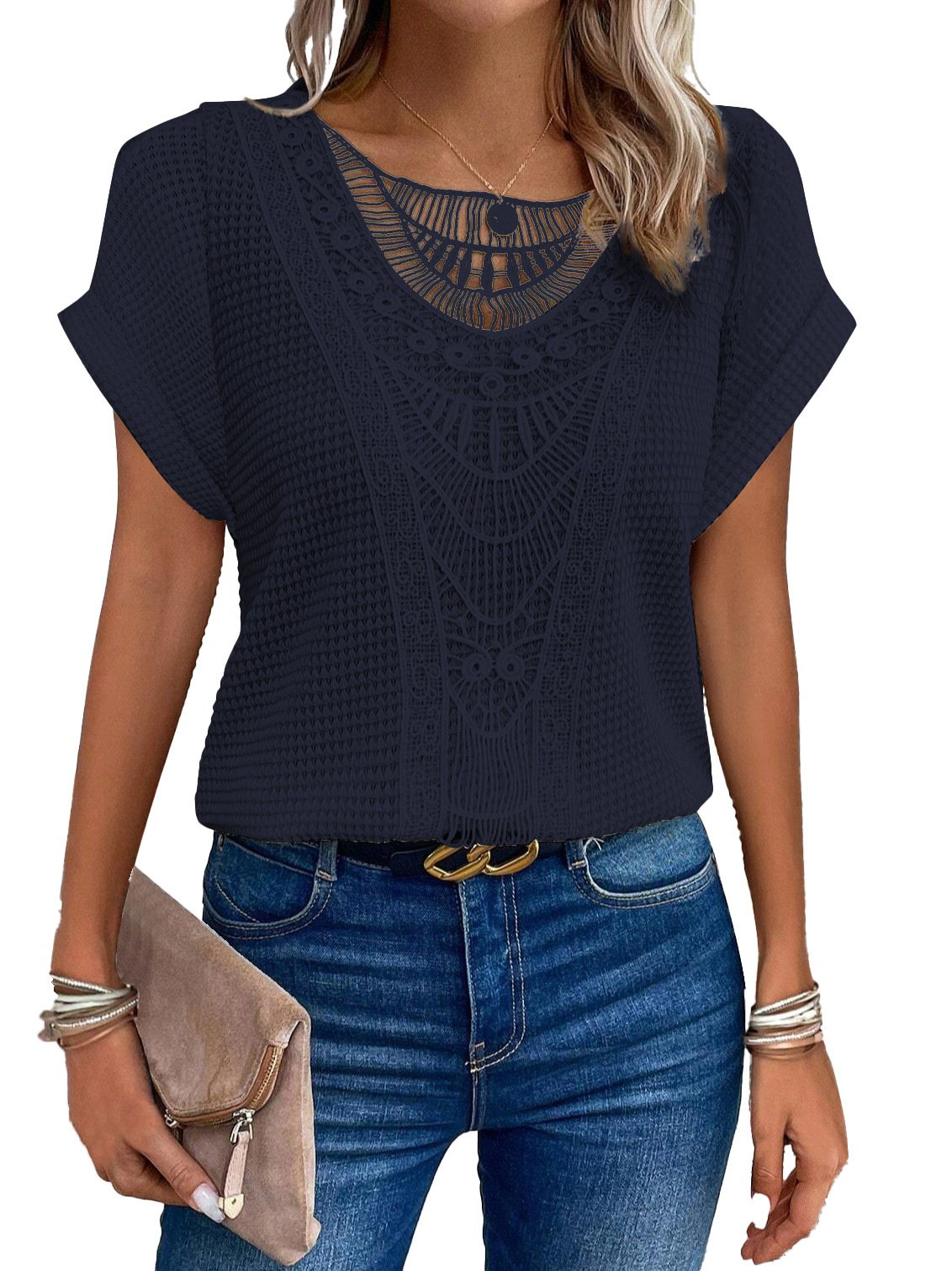 Summer Hollow Out Short-sleeved T-shirt Fashion Ethnic Style Tops Women's Clothing - Image 8