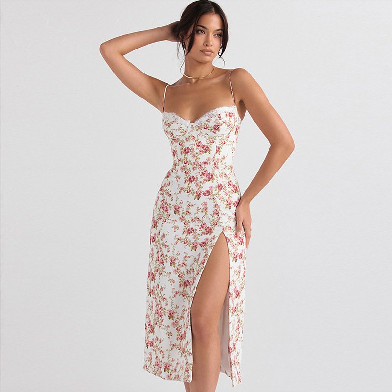 Lace Flowers Print Long Dress Sexy Fashion Slit Suspender Dress Summer Womens Clothing - Image 4