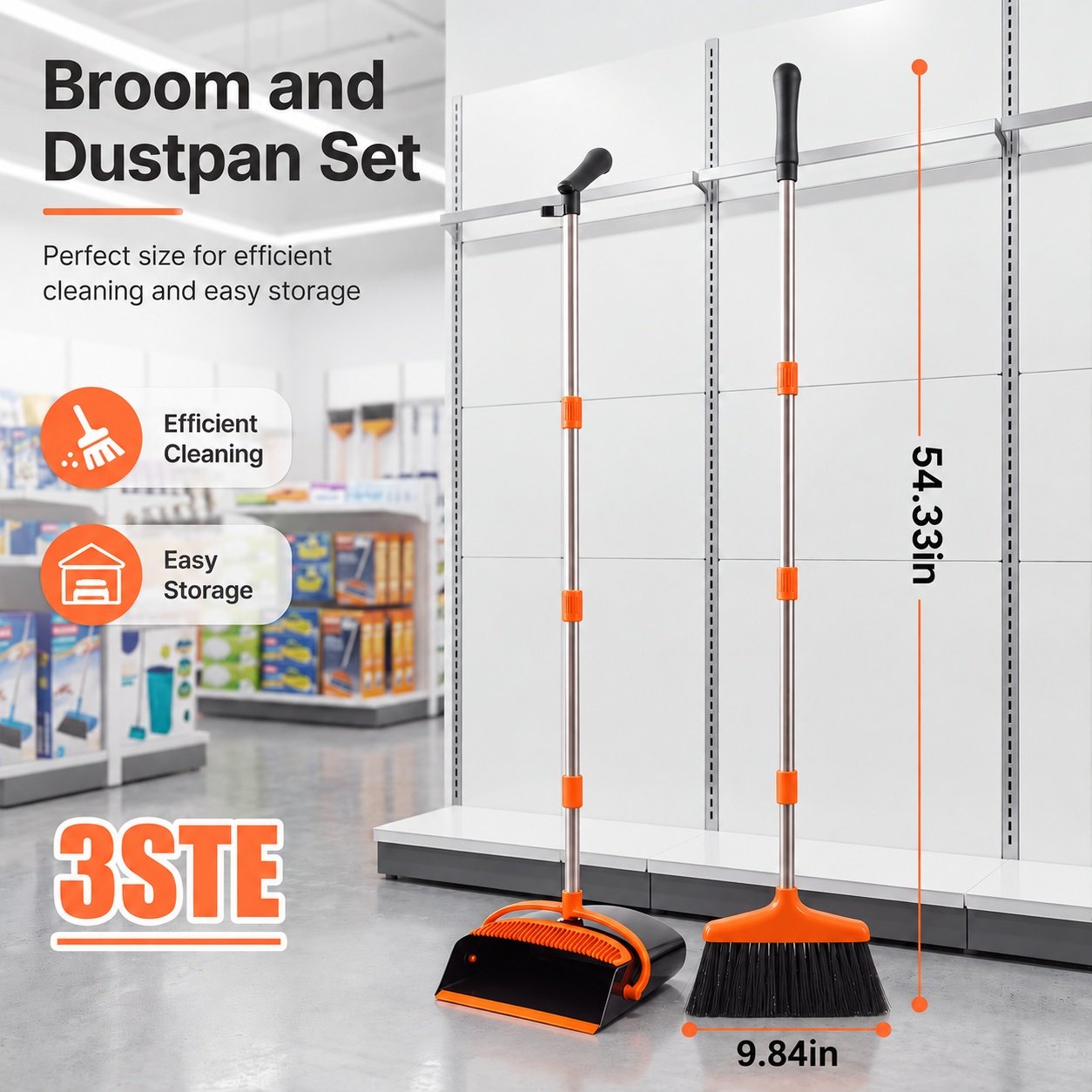 Broom And Dustpan Set, 54.33 Inches Long Handle, Upright Dustpan With Lightweight Stainless Steel Rod, Upright Dustpan, Suitable For Various Scenarios Such As Kitchen, Office And Cleaning Pet Dog Hair