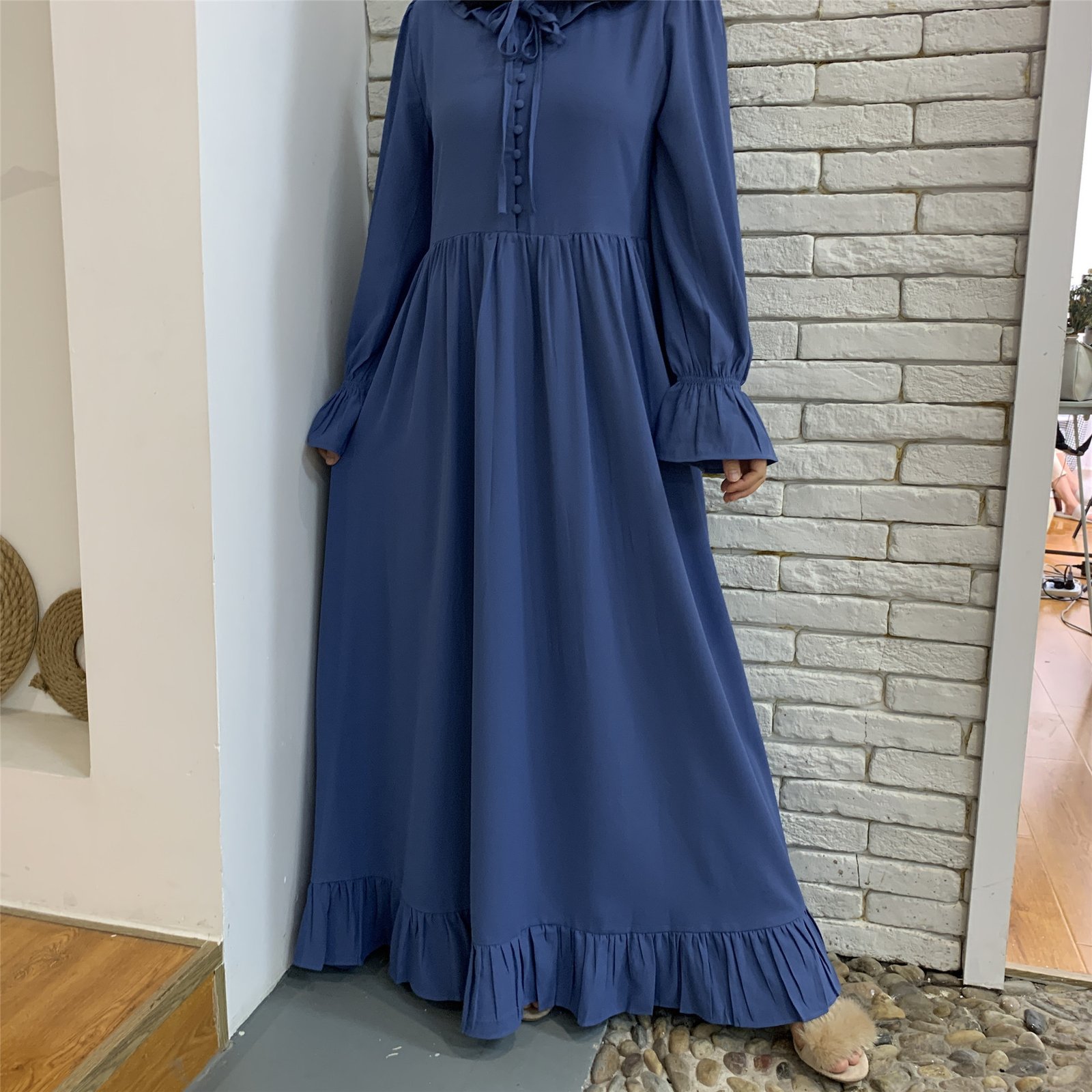 Solid Color Stitching Big Muslim Dress - Image 6
