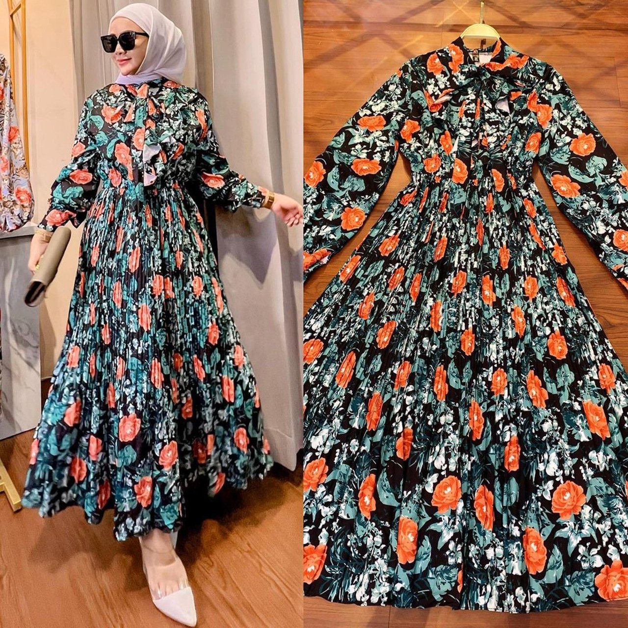 Muslim Malay Indonesian Ruffled Printed Dress - Image 2