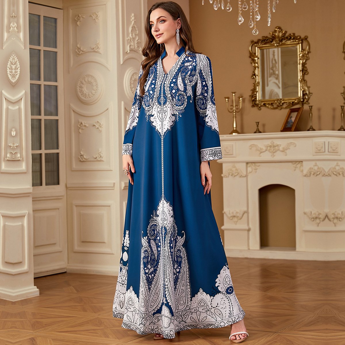Casual Muslim Beaded Loose Print Dress - Image 2