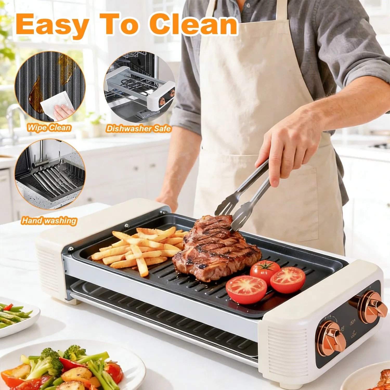 3 In 1 Electric Hot Dog Roller Machine with Grill & Griddle 6-Roller Hot Dog Cooker Smokeless Non-Stick Indoor Outdoor with 3 Temp Levels for BBQ Sausages Skewers Burgers Vegetables - Image 3