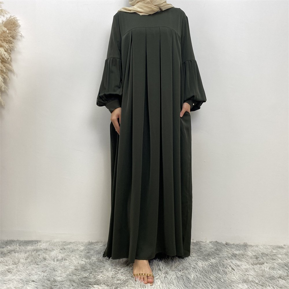 Muslim Solid Color Pleated Round Neck Dress - Image 6