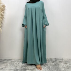 Muslim Solid Color Pleated Round Neck Dress