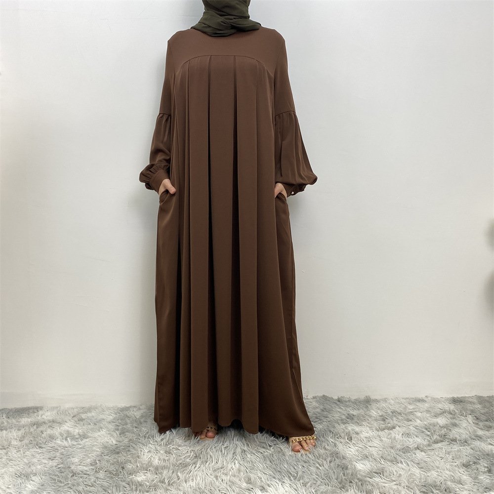 Muslim Solid Color Pleated Round Neck Dress - Image 7