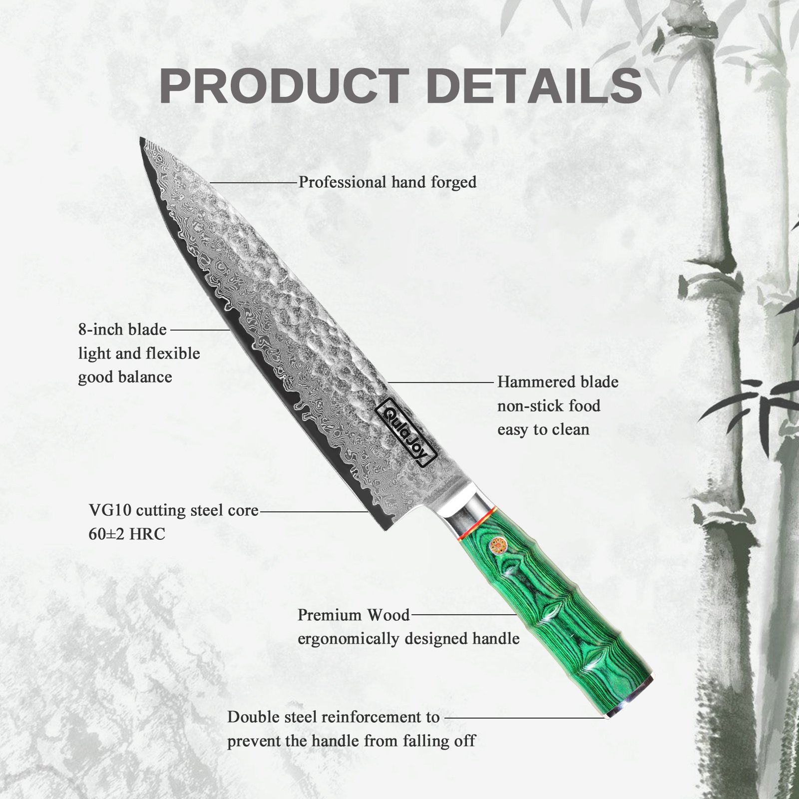 Qulajoy Japanese Chef Knife 8 Inch,67 Layers Damascus VG-10 Steel Core,Professional Hammered Kitchen Knife,Handcrafted With Ergonomic Bamboo Shape Handle - Image 8