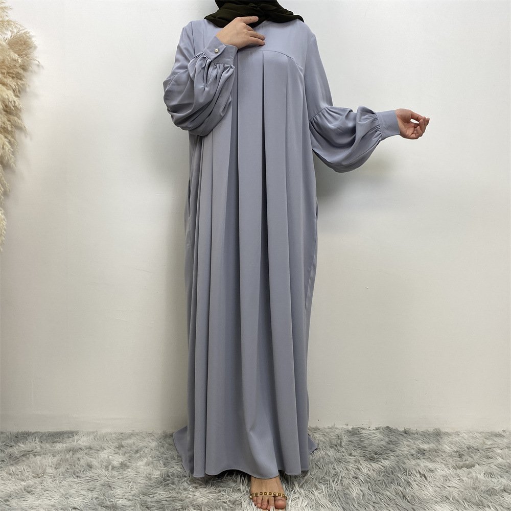 Muslim Solid Color Pleated Round Neck Dress - Image 8