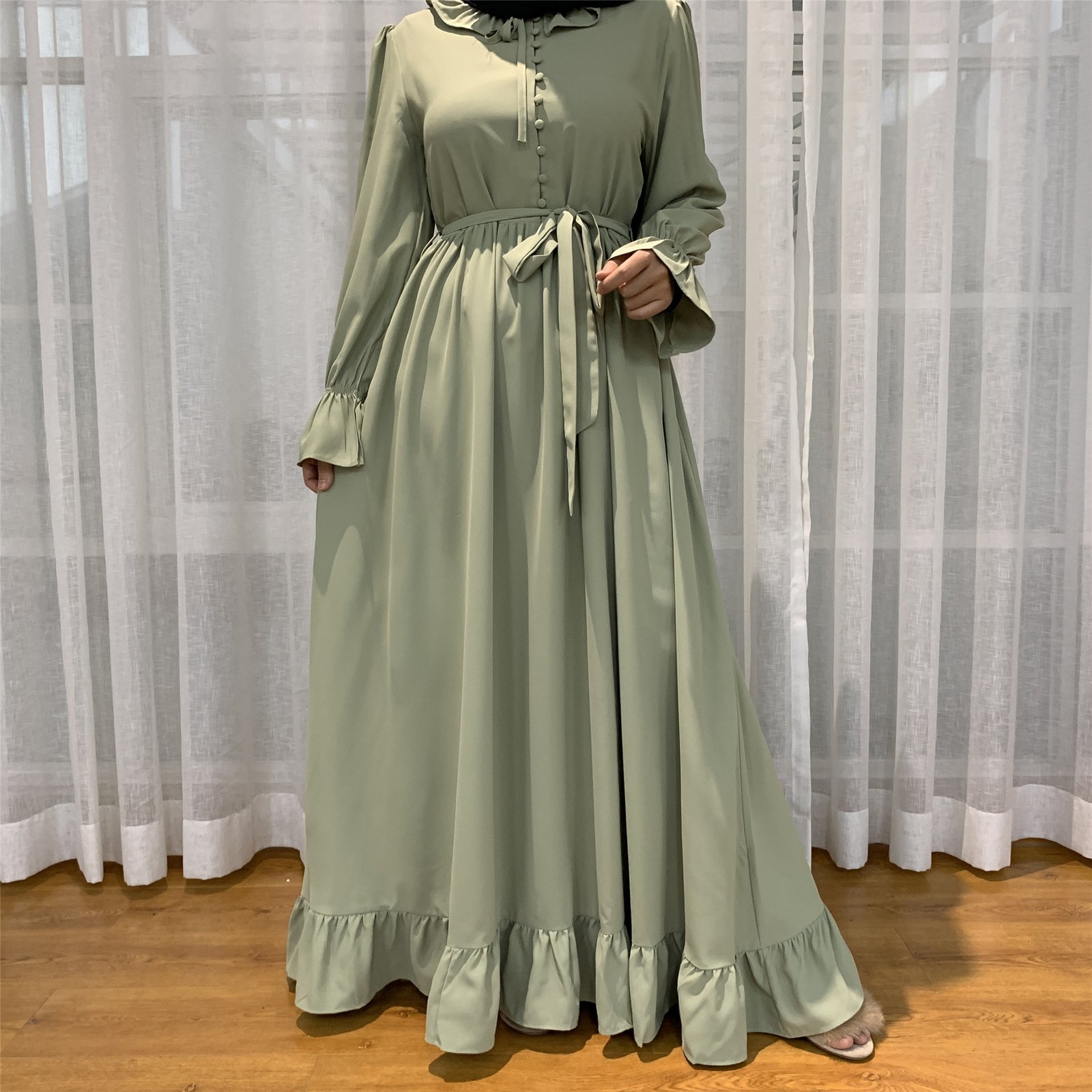 Solid Color Stitching Big Muslim Dress - Image 5