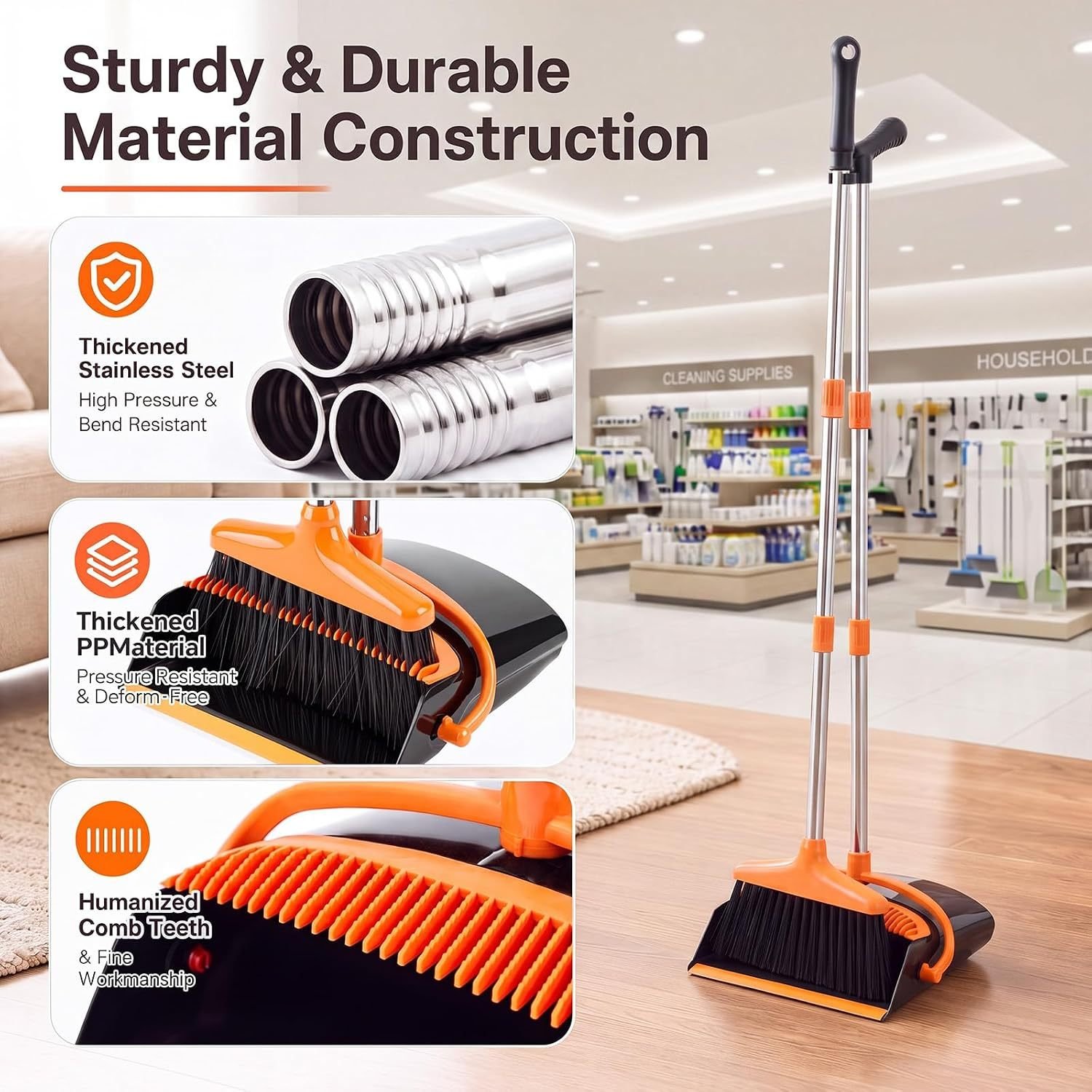 Broom And Dustpan Set, 54.33 Inches Long Handle, Upright Dustpan With Lightweight Stainless Steel Rod, Upright Dustpan, Suitable For Various Scenarios Such As Kitchen, Office And Cleaning Pet Dog Hair - Image 4