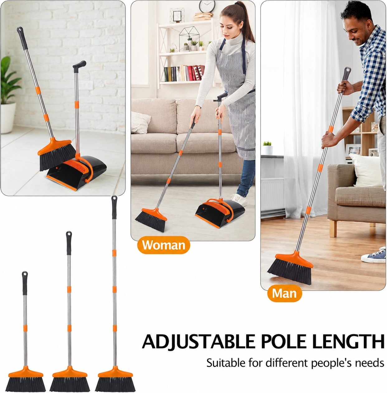 54.33-inch Long-handled, One-piece Design, Lightweight Stainless Steel Handle, Upright Dustpan With Broom Combination, Suitable For Household, Kitchen, Office And Pet Hair Cleaning Black And Orange. - Image 9