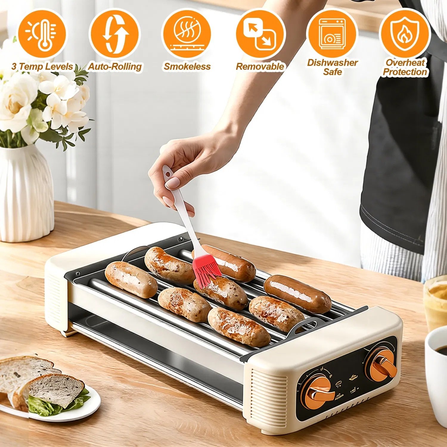 3 In 1 Electric Hot Dog Roller Machine with Grill & Griddle 6-Roller Hot Dog Cooker Smokeless Non-Stick Indoor Outdoor with 3 Temp Levels for BBQ Sausages Skewers Burgers Vegetables - Image 2