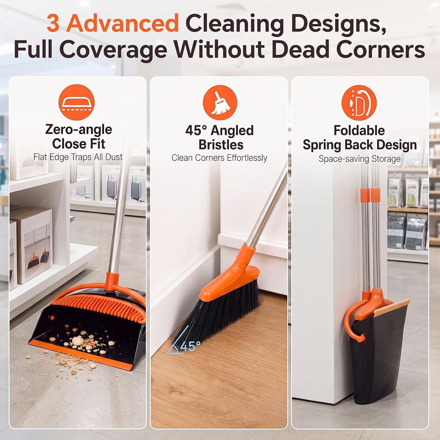 54.33-inch Long-handled, One-piece Design, Lightweight Stainless Steel Handle, Upright Dustpan With Broom Combination, Suitable For Household, Kitchen, Office And Pet Hair Cleaning Black And Orange. - Image 10
