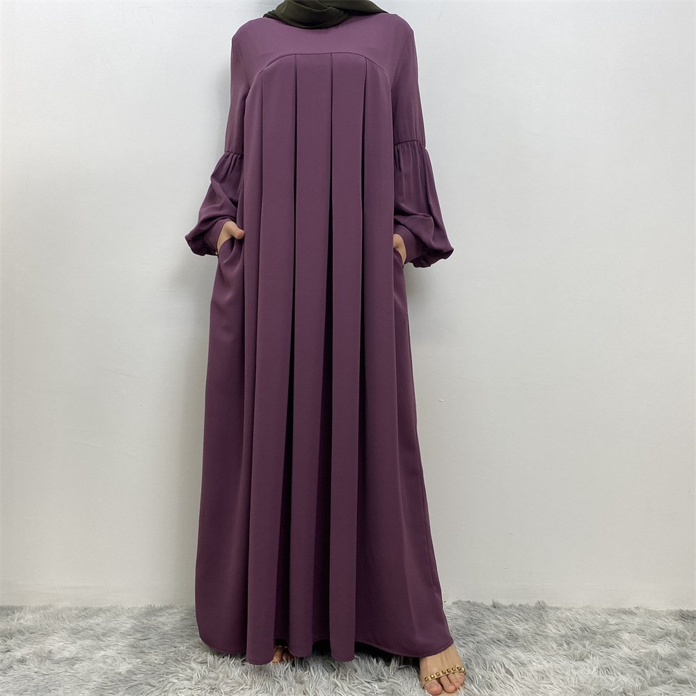 Muslim Solid Color Pleated Round Neck Dress - Image 9