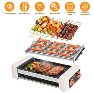 3 In 1 Electric Hot Dog Roller Machine with Grill & Griddle 6-Roller Hot Dog Cooker Smokeless Non-Stick Indoor Outdoor with 3 Temp Levels for BBQ Sausages Skewers Burgers Vegetables