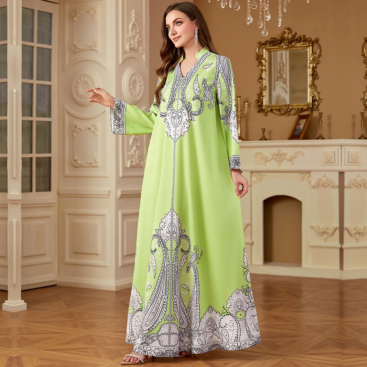 Casual Muslim Beaded Loose Print Dress - Image 3
