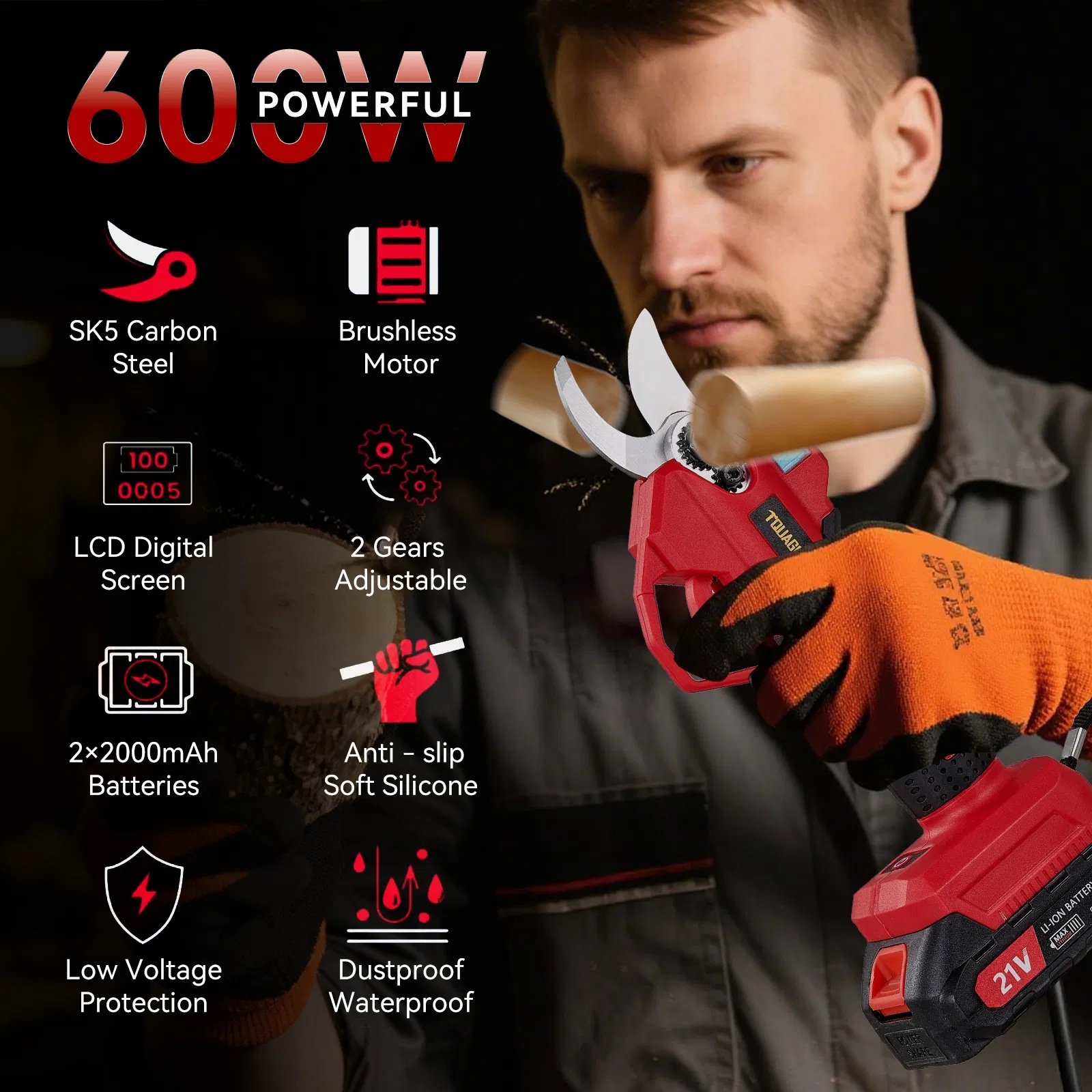 Electric Pruning Shears,1.2" Cutting Diameter Cordless Power Pruner with LCD Display, Brushless Motor Pruning Shears with 2000mAh*2 Rechargeable Batteries for Garden Tree Pruner Branch - Image 6
