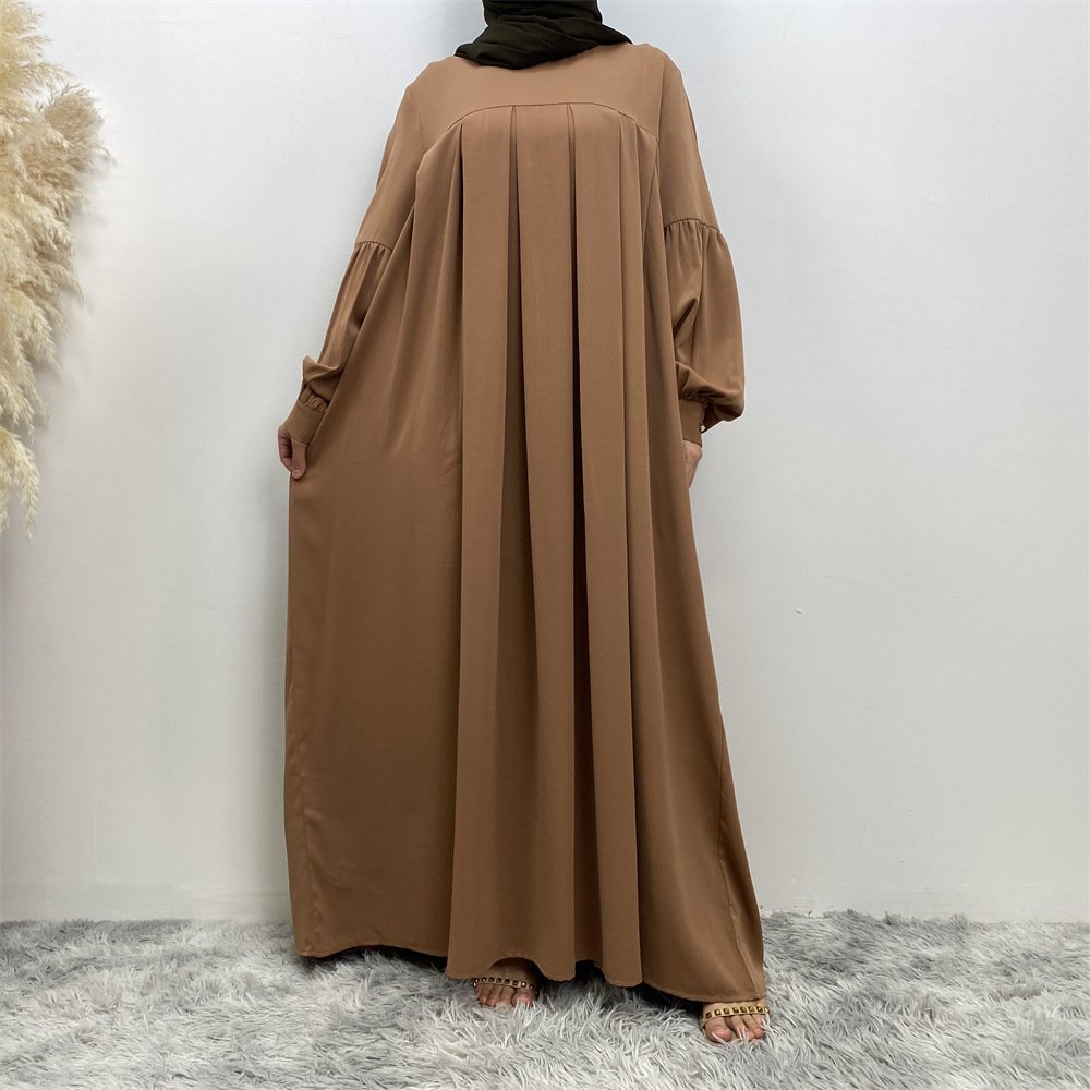 Muslim Solid Color Pleated Round Neck Dress - Image 10