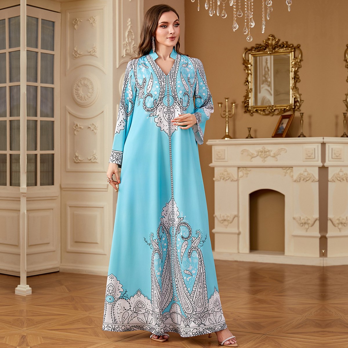 Casual Muslim Beaded Loose Print Dress - Image 4