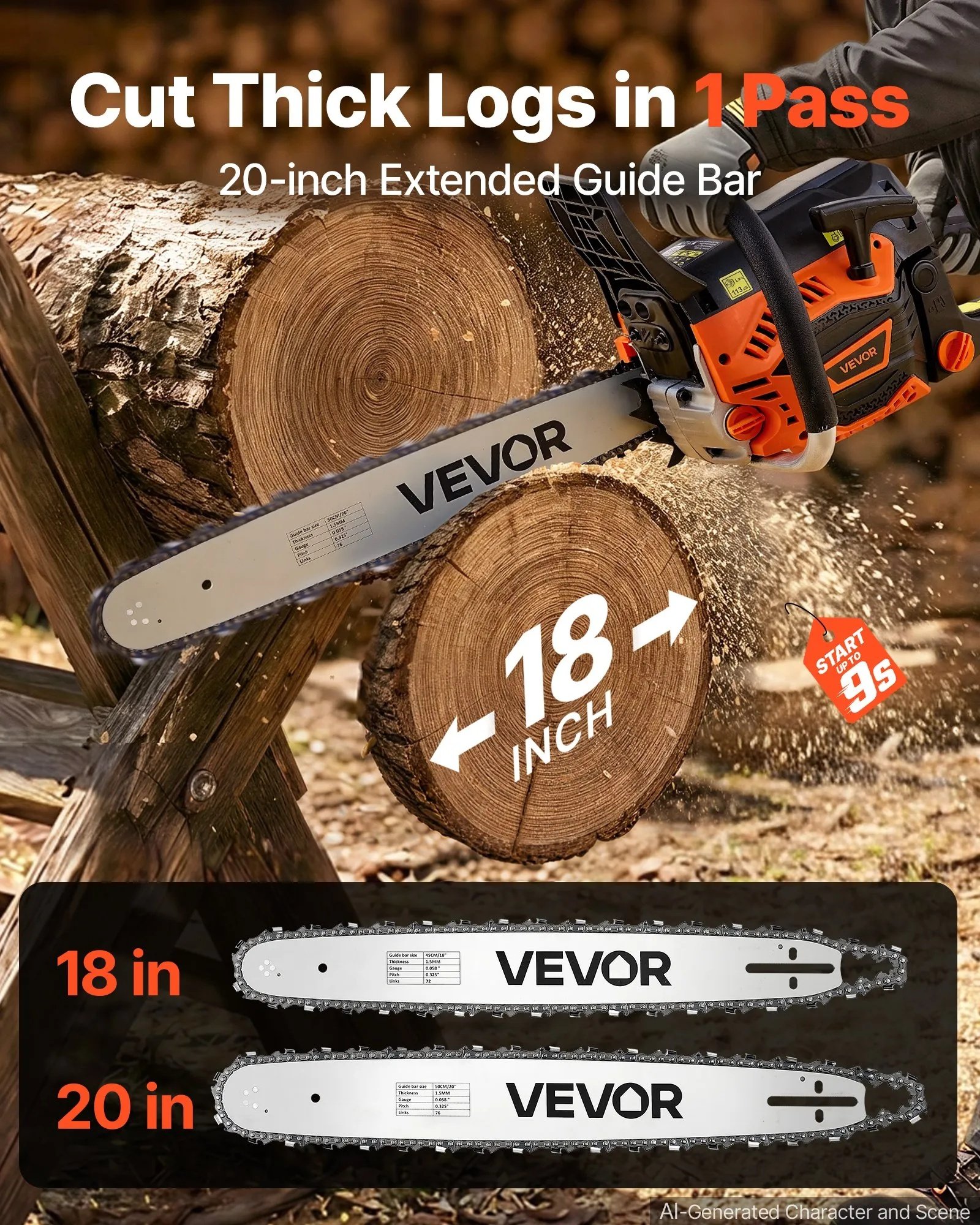 Gas Powered Chainsaw 18 & 20 Inch 58CC 3.22HP 2 Stroke Engine Saw, For Wood Cutting, Tree Trimming & Land Clearing, Throttle-Synced Choke, Power Chain Saw With Non-Slip Handle & Dual Tanks - Image 2