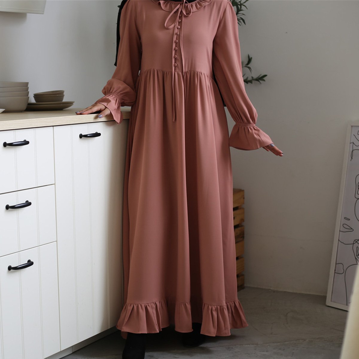 Solid Color Stitching Big Muslim Dress - Image 6