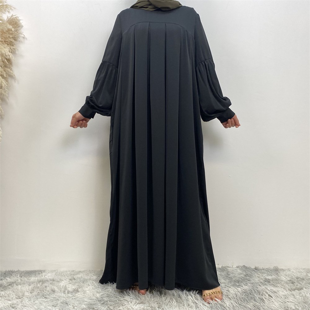Muslim Solid Color Pleated Round Neck Dress - Image 4