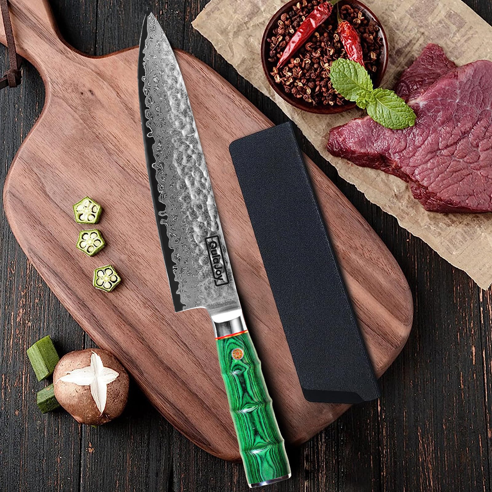 Qulajoy Japanese Chef Knife 8 Inch,67 Layers Damascus VG-10 Steel Core,Professional Hammered Kitchen Knife,Handcrafted With Ergonomic Bamboo Shape Handle - Image 7