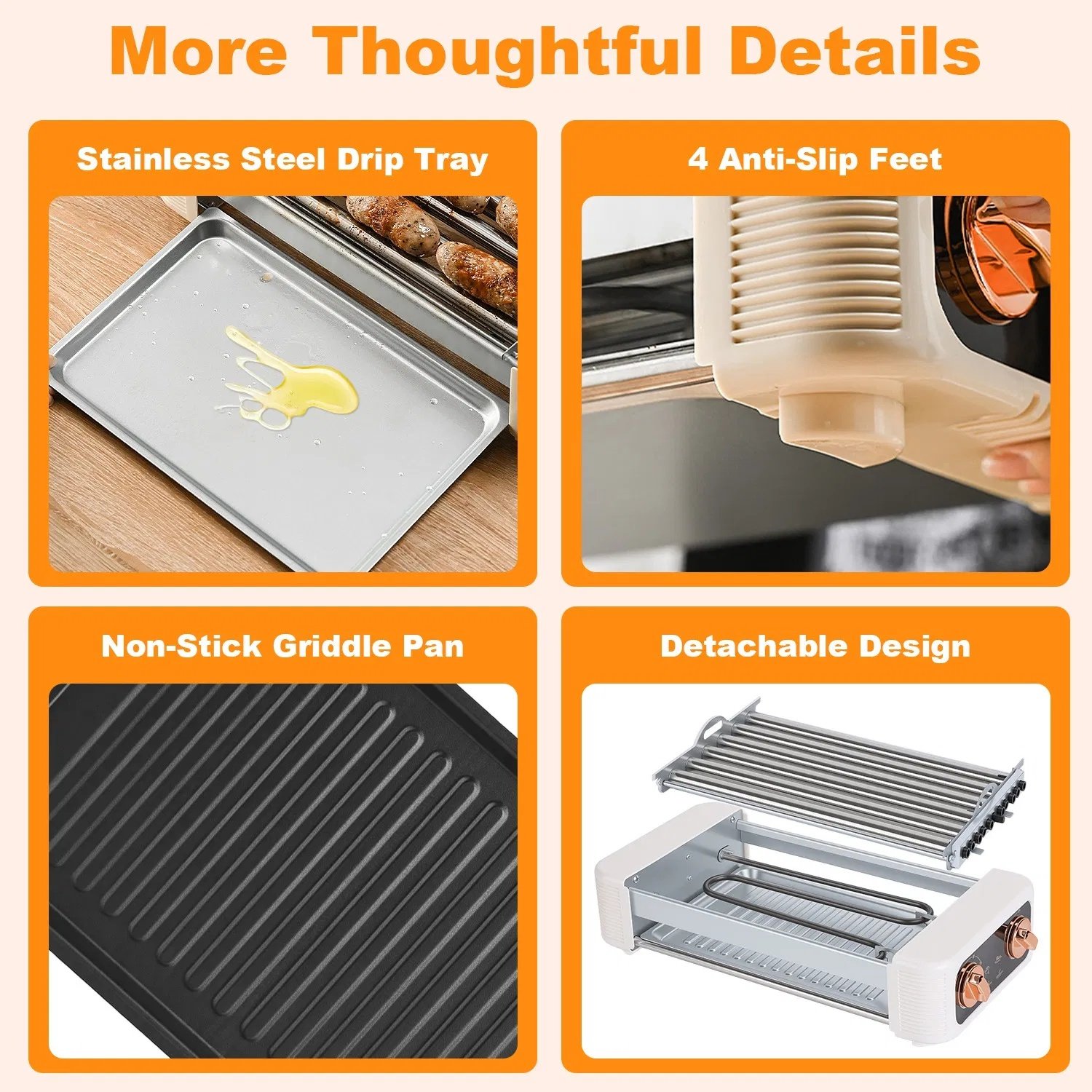3 In 1 Electric Hot Dog Roller Machine with Grill & Griddle 6-Roller Hot Dog Cooker Smokeless Non-Stick Indoor Outdoor with 3 Temp Levels for BBQ Sausages Skewers Burgers Vegetables - Image 4