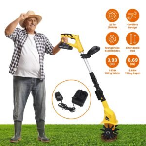 20V Cordless Tiller Cultivator, 250RPM Electric Garden Tiller Depth Garden Rototiller for Lawn/Gardening/Soil Cultivation