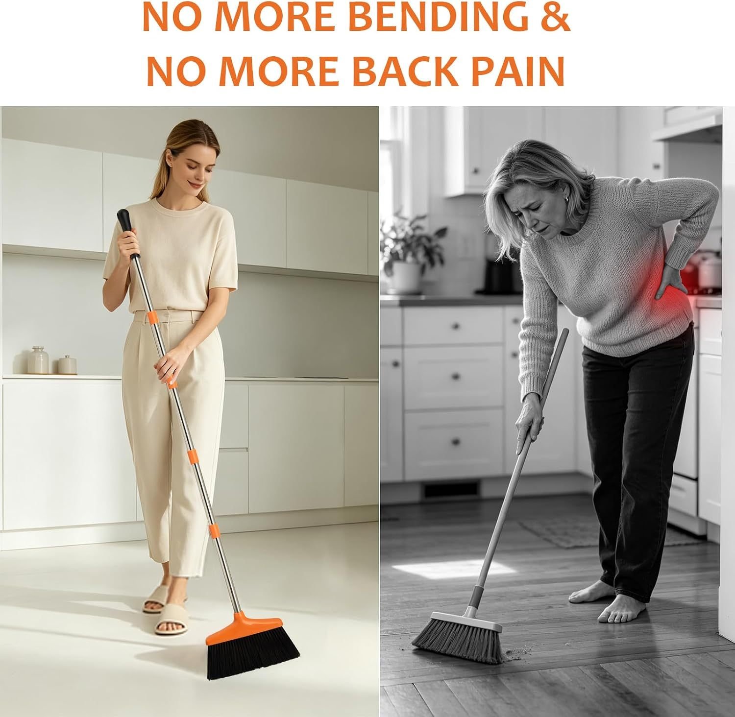 54.33-inch Long-handled, One-piece Design, Lightweight Stainless Steel Handle, Upright Dustpan With Broom Combination, Suitable For Household, Kitchen, Office And Pet Hair Cleaning Black And Orange. - Image 3