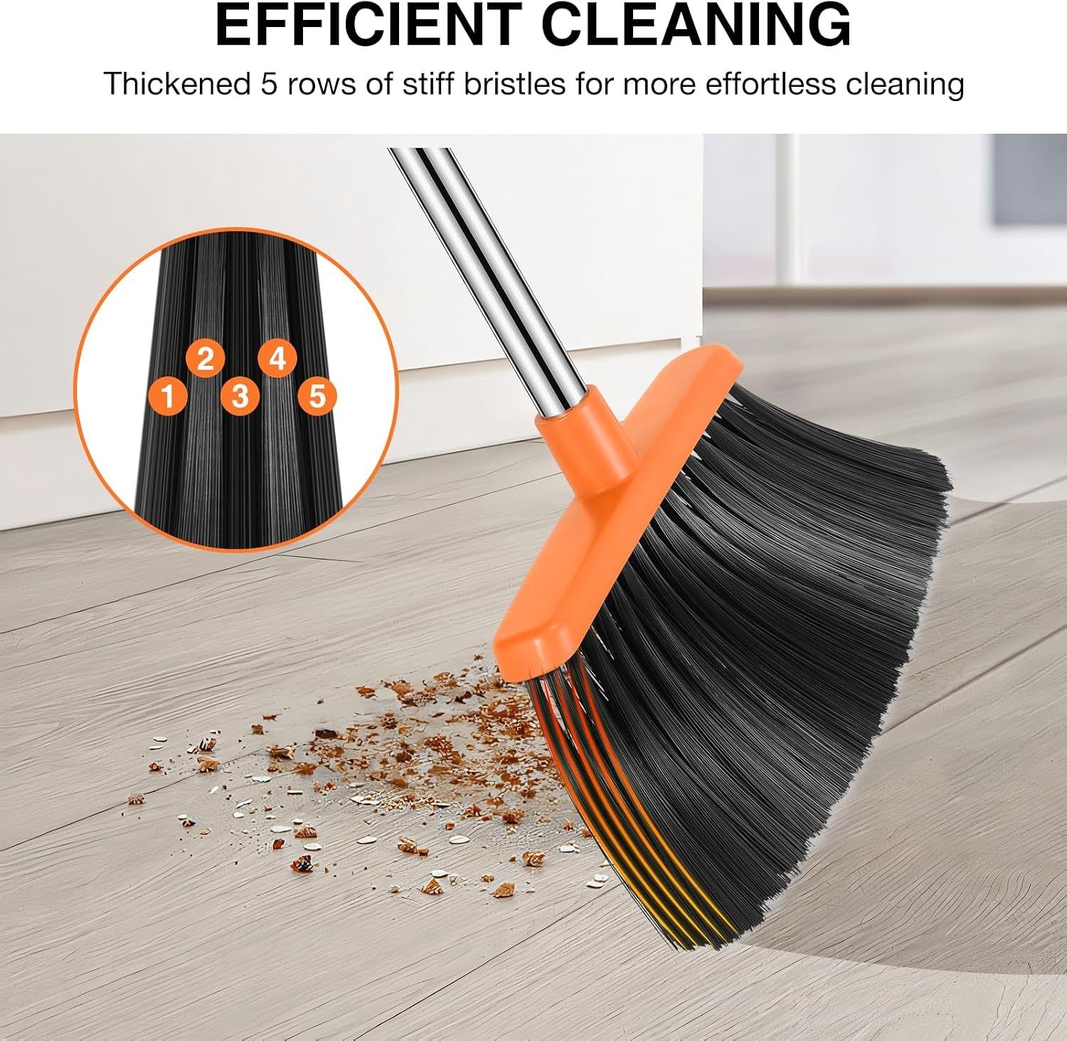 54.33-inch Long-handled, One-piece Design, Lightweight Stainless Steel Handle, Upright Dustpan With Broom Combination, Suitable For Household, Kitchen, Office And Pet Hair Cleaning Black And Orange. - Image 6