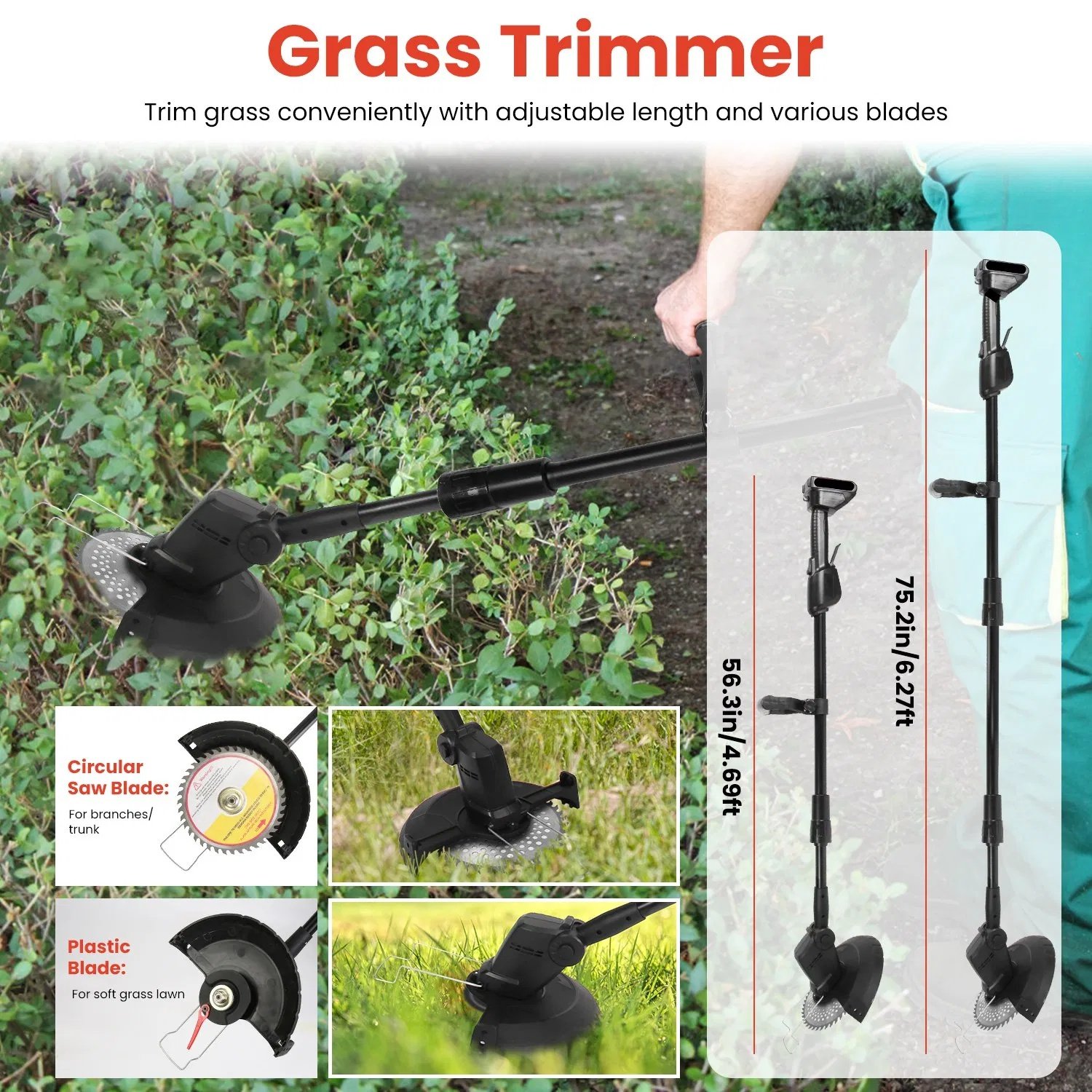 Cordless 3-in-1 Pole Saw/Mini Chainsaw/Grass Trimmer - 21V 1500mAh x2 Batteries, 4/6in Cutting Chain, 13in-75.2in Adjustable Length, Safety Switch + Gloves/Goggle for Yard Maintenance - Image 3