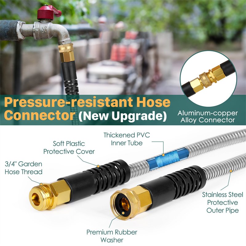 Metal Garden Hose, 100ft Stainless Steel Flexible Water Hose With 10 Adjustable Patterns Spray Nozzle, Heavy Duty Water Pipe , Kink Free , 2 Nozzles - Image 2